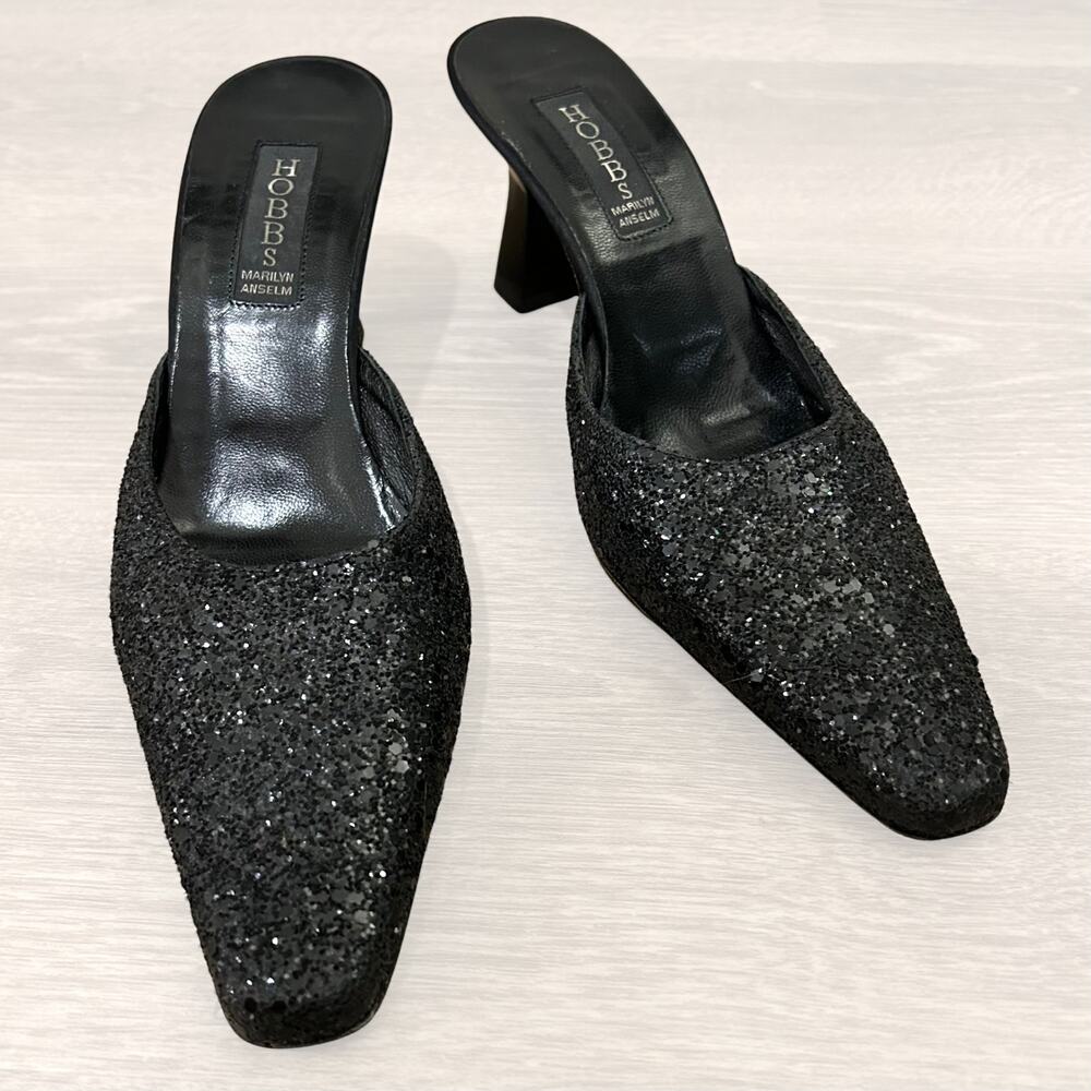 Vintsge Hobbs London Marilyn Anselm Black Glitter Mule Heels Made in Italy EU 38